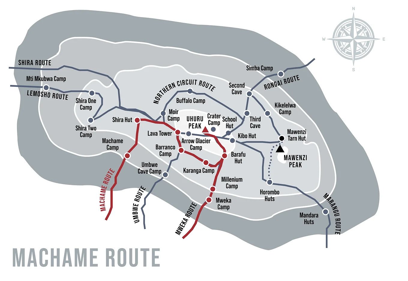 Machame Route Map - Detailed trail map showing the Whiskey route to Kilimanjaro summit