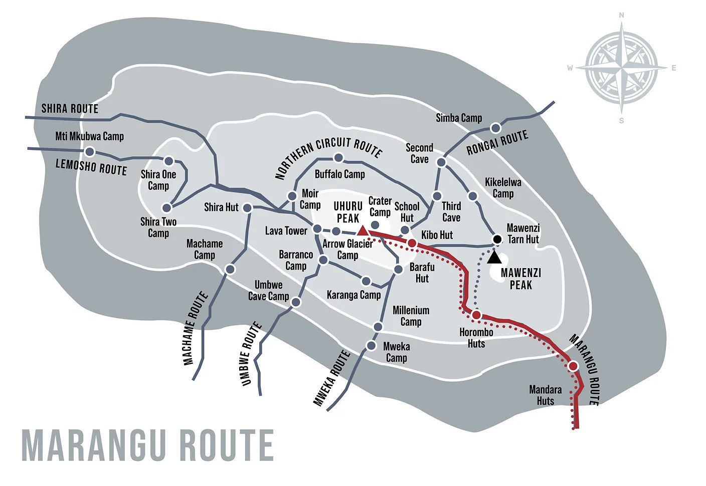 Marangu Route Map - Detailed trail map showing the Coca-Cola route to Kilimanjaro summit